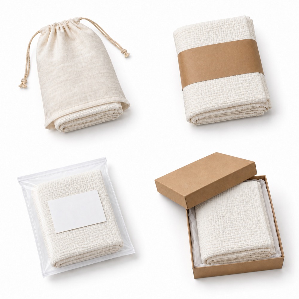 Four layer muslin blanket in dusty blue shown with its retail packing