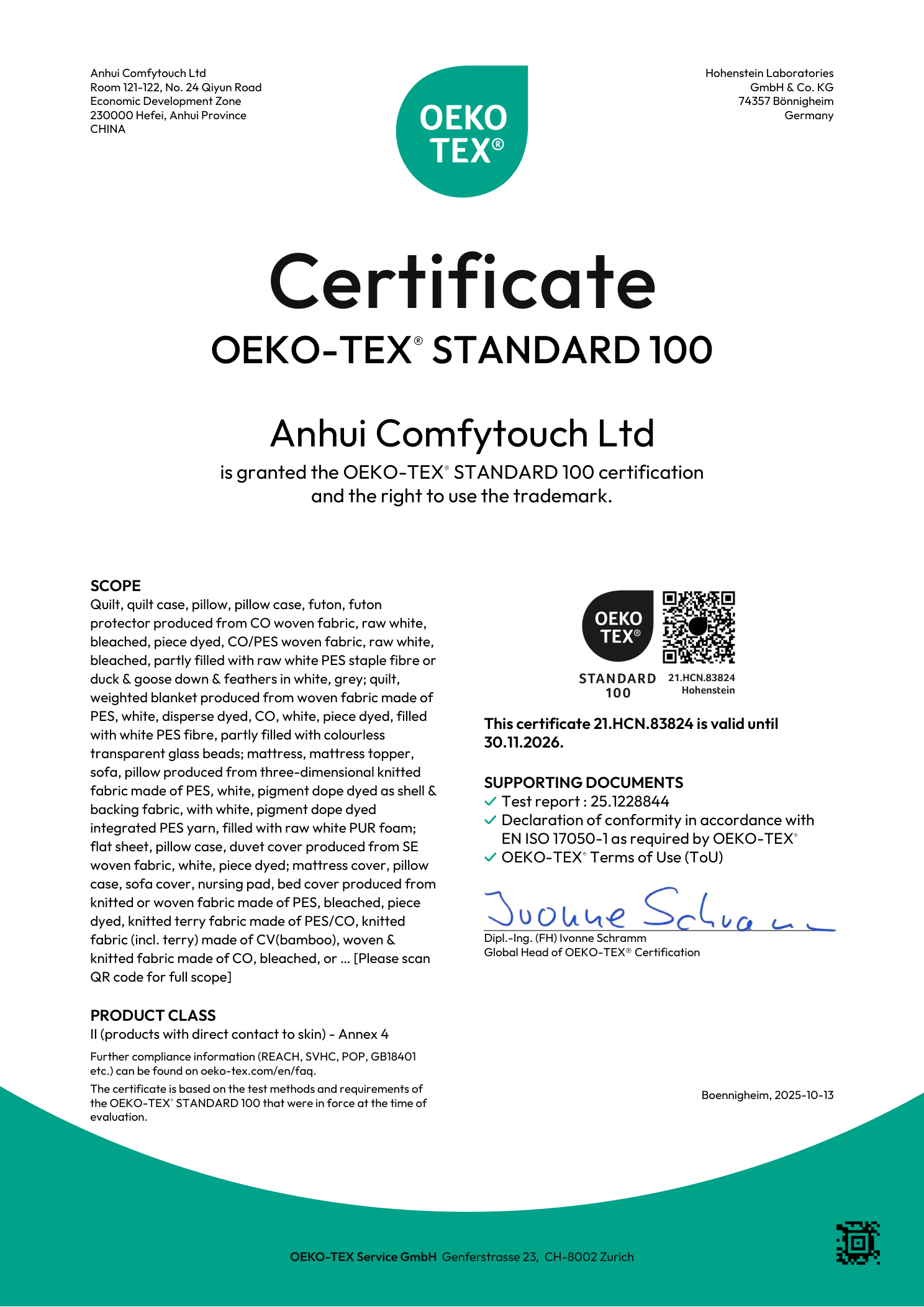 OEKO-TEX Standard 100 certificate