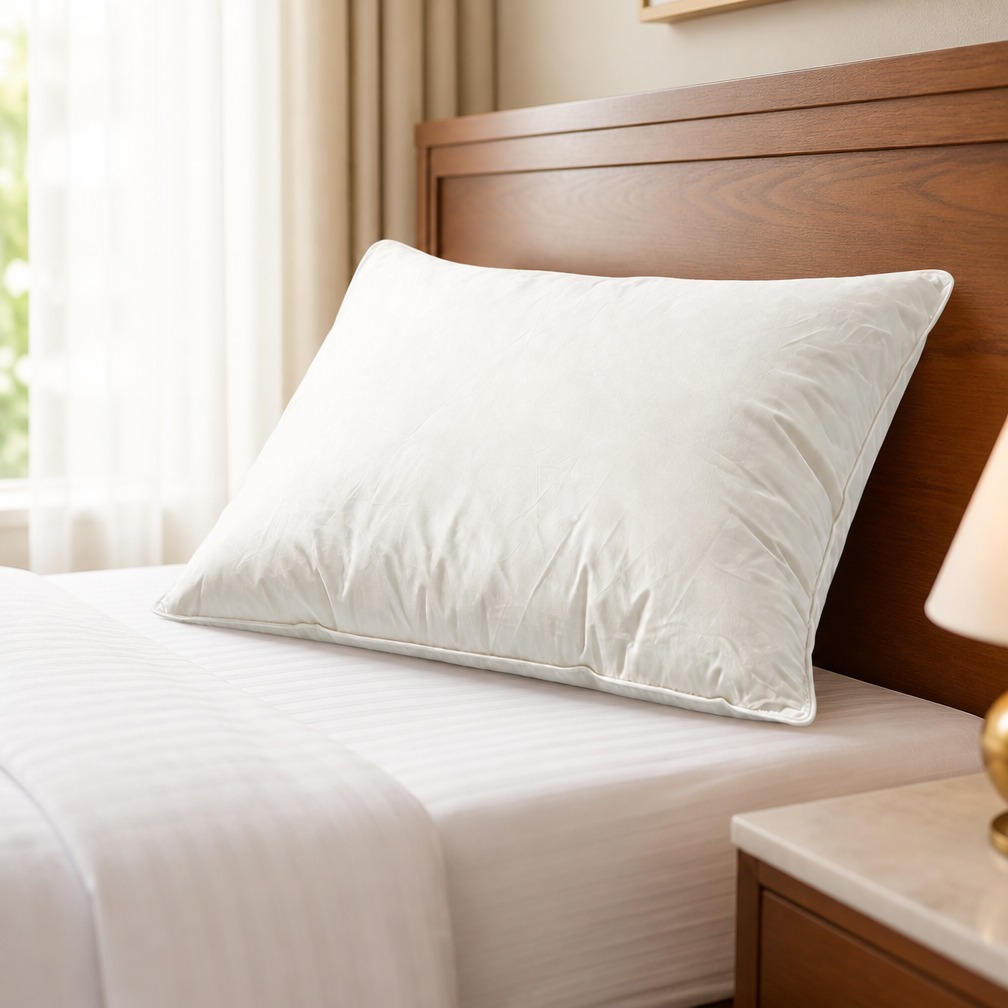 down pillow in hotel bedding setting