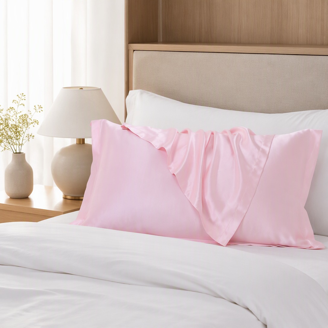 Mulberry silk pillowcase styled on a hotel bed - Comfytouch manufacturer