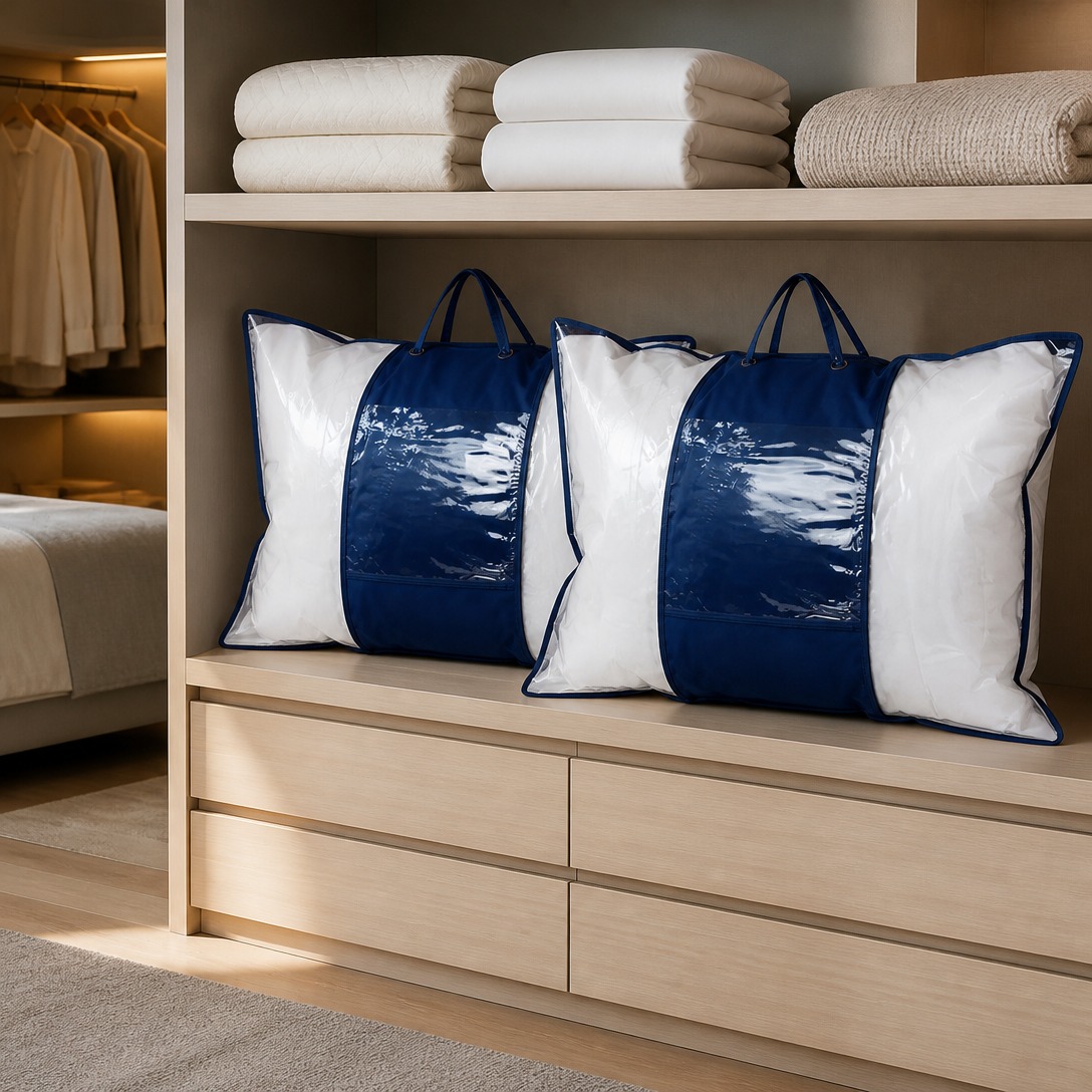 Two Comfytouch bedding storage bags in a walk-in wardrobe storage system
