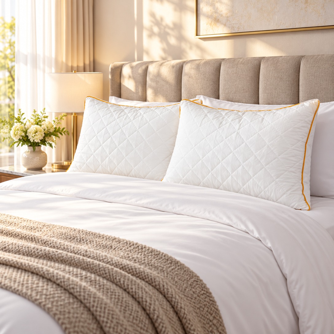 White quilted pillow protectors in a hotel bedroom setting - Comfytouch